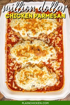 chicken parmesan in a casserole dish on a wooden table with text overlay