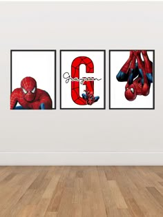 three spiderman posters hanging on the wall in an empty room with wood flooring