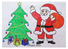 a drawing of santa next to a christmas tree