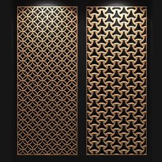 two panels with gold designs on black background