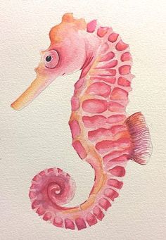 a watercolor painting of a pink seahorse