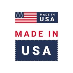 made in the usa with an american flag on top and blue, white, and red