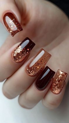 Add a touch of sparkle to your fall nails with Copper Glitter Accents! This dazzling design combines rich copper hues with eye-catching glitter for a stunning effect. Click to explore more fall nail ideas and follow us for daily inspiration!  #FallNails #CopperGlitter #NailArt #AutumnStyle #NailInspiration Eyes Nails, Acrylic Nails For Fall