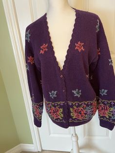 Portraits by Northern Isles Hand Knit Cardigan Sweater Purple Flower Print L. Scalloped v-neck. Very good pre-owned vintage condition . No stains, snags, or holes. Pit to pit measurement 20” length 26”. Comes from a smoke free environment . Scandinavian Clothes, Clothes Purple, Argumentative Antithetical Dream Girl, Hand Knit Cardigan, Purple Cardigan, Purple Flower, Dream Girl, Knit Sweater Cardigan, Flower Print