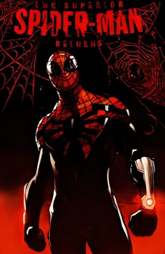 the cover to spider - man returns is shown in red and black, with an image of