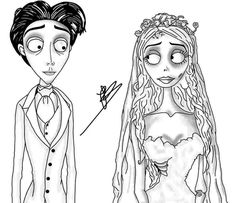 the corpse bride and groom are drawn in black ink on white paper, as well as an