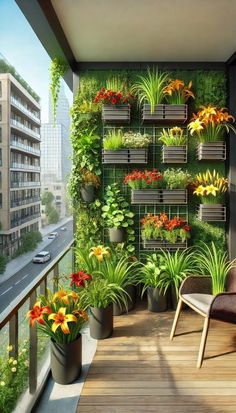 a balcony with potted plants on the wall