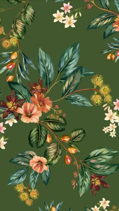 a green floral wallpaper with lots of flowers and leaves on the bottom right corner