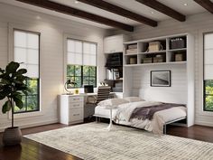 a bedroom with white walls and wood floors has a bed, desk, bookshelf, and window