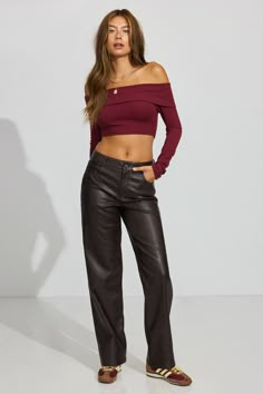 Okay, these are living rent-free. Features - Four-pocket styling - Zip fly with button closure - Grained faux leather Size & Fit - Fit: Straight leg - Rise: 9.75" - Inseam: 31.5" - Model is wearing size S Materials & Care - Content: 100% polyurethane - Care: Hand wash, cold - Imported Casual Pants With Faux Front Pockets For Fall, Casual Leather Pants With Faux Pockets For Fall, Leather Pants Baggy, Straight Leg Bottoms With Faux Front Pockets For Fall, Casual Mid-rise Faux Leather Pants, Casual Mid-rise Leather Pants For Fall, Fall Casual Mid-rise Leather Pants, Casual Mid-rise Faux Leather Bottoms, Mid-rise Faux Leather Pants For Fall