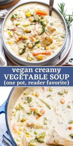 creamy vegetable soup vegan in a blue pot