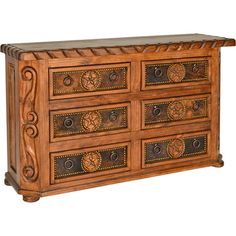 an old wooden dresser with ornate carvings on the top and bottom drawer, isolated against a white background