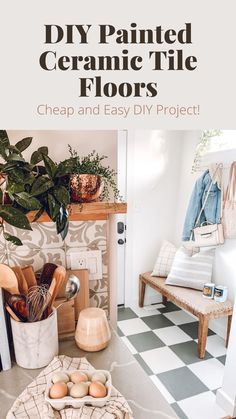 a white tiled floor with some plants and eggs on it