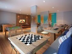 a living room filled with furniture and a chess board on top of a wooden table