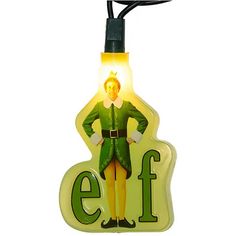 a christmas light with an elf standing on it's head and the letter ef