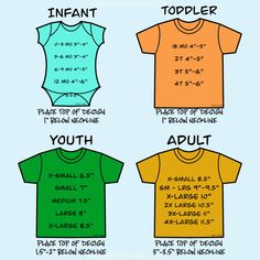 four different shirts with the names and measurements for each child's bodysuits