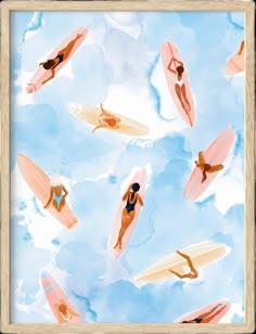 a painting of people on surfboards floating in the air with clouds and blue sky behind them