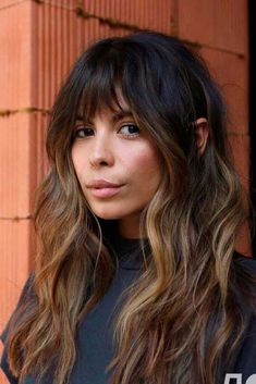 Long Hairstyles With Bangs Straight, Dark Hair W Bangs, Balayage Hair With Bangs Brunettes, Long Layers With Choppy Bangs, Shag With Fringe Bangs, U Shaped Bangs, Brown Hair With Bangs And Highlights, Dark Balayage With Bangs, Extensions With Bangs