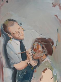 a painting of a man and woman brushing their teeth