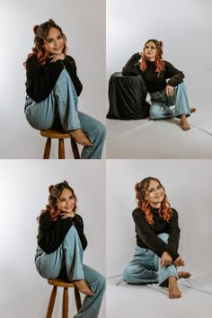 a woman sitting on top of a wooden chair next to a white wall and posing for the camera