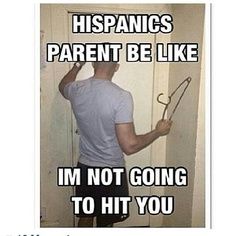 a man holding scissors in front of a door that says, hispanics parent be like i'm not going to hit you