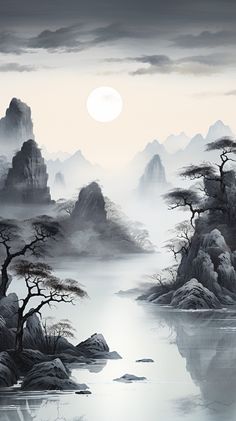 Chinese Painting Tattoo, Z Wallpaper, China Style, Painting Tattoo, Chinese Painting, Landscape Wallpaper, Nature Paintings, Wall Paint, Chinese Art