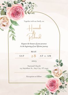 a wedding card with roses and greenery on it