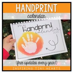 the handprint calendar is displayed in front of a christmas tree with an orange and white background