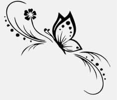 a black and white drawing of a butterfly with flowers on it's back side