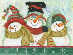 three snowmen with hats and scarves are standing in front of a snowy background