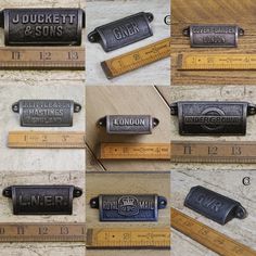 several different types of metal labels on wooden planks with measuring tape and rulers