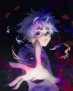 an anime character with purple hair and blue eyes is posing in front of a black background