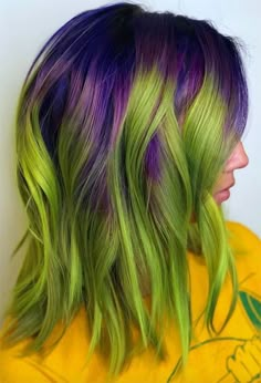 Beetle Juice Hair Color, Pink Hair With Blue Streaks, Halloween Inspired Hair Color, Purple And Green Hair Ideas, Spooky Hair Color, Different Colored Hair, Green Hair Ideas, Green Hair Color Ideas