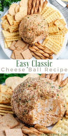 an easy cheese ball recipe with crackers and parmesan cheese on the side