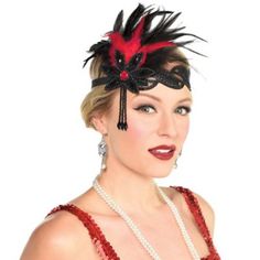 Complete your Roaring 20s look with this elegant black and red headband! Featuring a lovely lace band a sequin flower applique and flashy feathers this headband is a piece of glamorous flapper style to elevate your costume. Fashionable Flapper Headband product details:  Headband  Sequin and feather decoration Elastic band   Costume not included One size fits most teens and adults Flapper Style Headband For Costume Party, Flapper Style Party Costume Hats And Headpieces, Red Headband For Carnival Party, Flapper Style Headpieces For Party And Carnival, Black Gatsby Headpieces For Party, Black Gatsby Style Party Headpiece, Black Gatsby Style Headpieces For Party, Carnival Red Party Headband, Black Feathered Party Headband