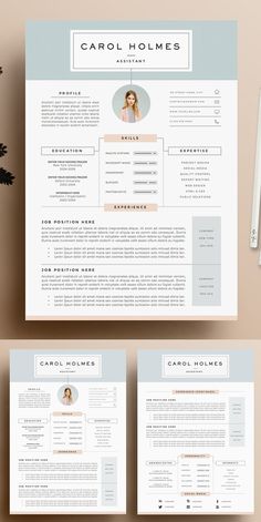 two page resume template with blue accents on the front and back, along with an image of