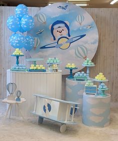 an airplane themed birthday party with balloons and desserts