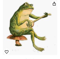 a frog sitting on top of a mushroom holding a sticker in its hand and looking at the camera