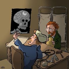 a man in a hat is looking at a skeleton on the wall next to him