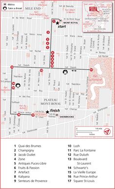 a map with the names and directions for different locations in red, white and black