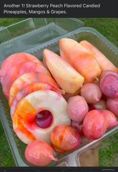 a plastic container filled with lots of different colored doughnuts on top of green grass