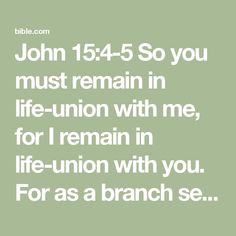 John 15:4-5 So you must remain in life-union with me, for I remain in life-union with you. For as a branch severed from the vine will not bear fruit, so your life will be fruitless unless you live your life intim | The Passion Translation (TPT) | Download The Bible App Now