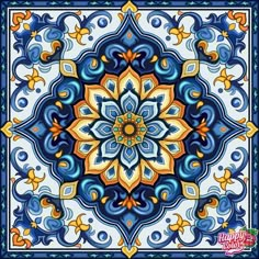 a blue, yellow and white tile with an ornate design on it's surface