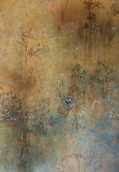 an abstract painting with flowers and leaves on the wall in front of a brown background