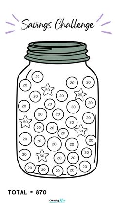 a jar filled with coins and the words savings challenge written in black ink on a white background