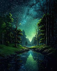 the night sky with stars and trees reflected in the water, as if it were painting