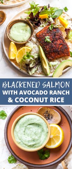 blackened salmon with avocado ranch and coconut rice is an easy, healthy meal