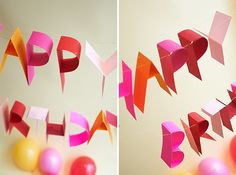 two pictures of different colored paper decorations hanging from the ceiling and balloons floating in the air