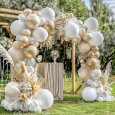 an arch made out of balloons and feathers is on display at a wedding reception in the grass