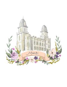 a watercolor drawing of a building with flowers around it and the words marti